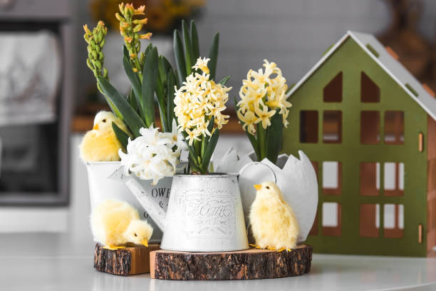 istock Happy Easter. Spring yellow hyacinth flowers in an egg-shaped vase, chicken chicks on a white table. In the background is a white Scandinavian-style kitchen. Easter decor in the house. 2091375973