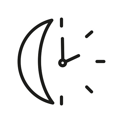 Moon shaped clock symbolizing night time. Midnight hour icon. Simple lunar timepiece. Vector illustration. EPS 10. Stock image.