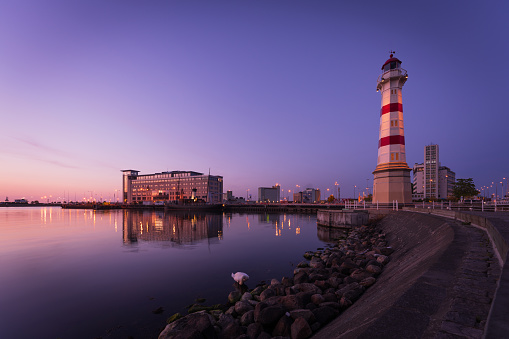Malmo Old Lighthouse, a beautiful lighthouse in the center of the Swedish city, at evening