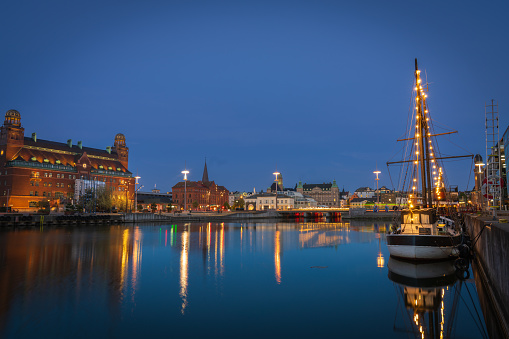 Malmo Old Lighthouse, a beautiful lighthouse in the center of the Swedish city, at evening