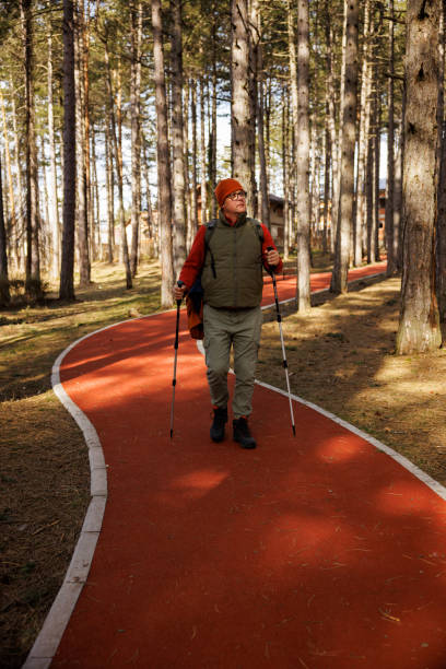 istock Nordic walking in sunny forest within the tourist resort 2091426157