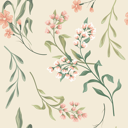 Seamless floral pattern, vintage botanical wallpaper decor in a romantic motif. Elegant flower print, nature design: hand drawn wild flowers, branches, leaves abstract on pink. Vector illustration.