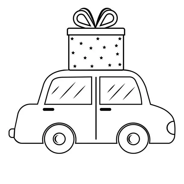 Vector illustration of Car with a gift on the roof, black outline, doodle style, coloring