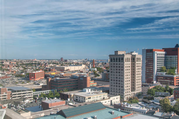 Baltimore, Maryland.  September 27, 2019. An Aerial View of Baltimore Maryland on a summer day from inside the washington monument.