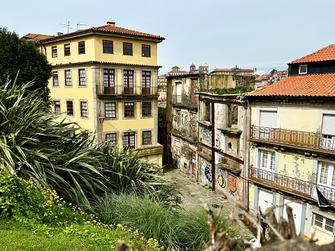 17 March 2024 - Porto, Portugal - Top view on the city street, old ancient houses.