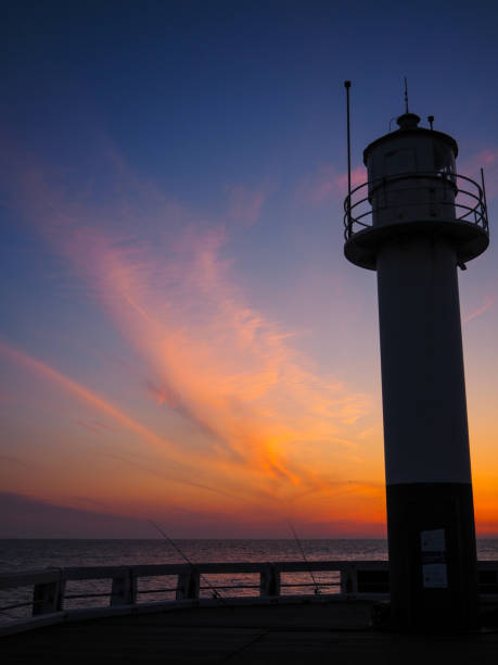 Lighthouse during sunset on the pier in Nieuwpoort,  Belgium