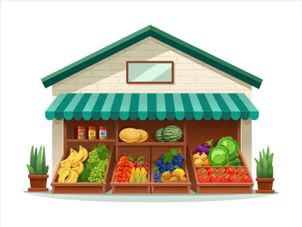 Vector illustration of Fruit and vegetable store. Trade tent. Vector illustration on white background