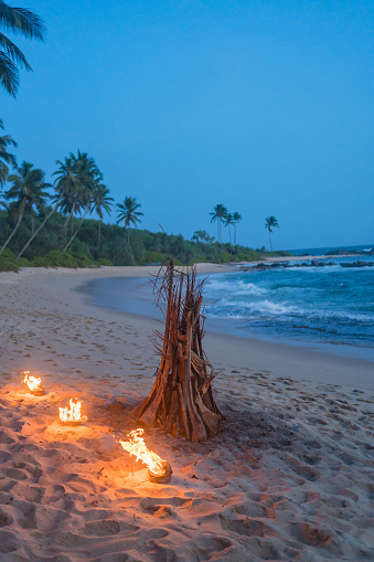Bonfire on beach at twilight