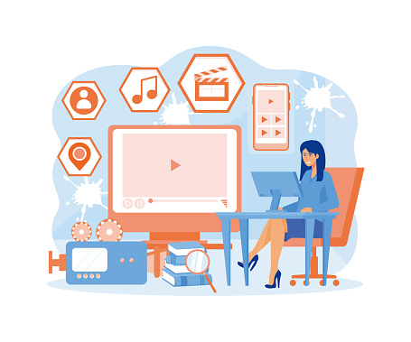 Video marketing by vlogger creation film production and online content. Motion graphic education. flat vector modern illustration