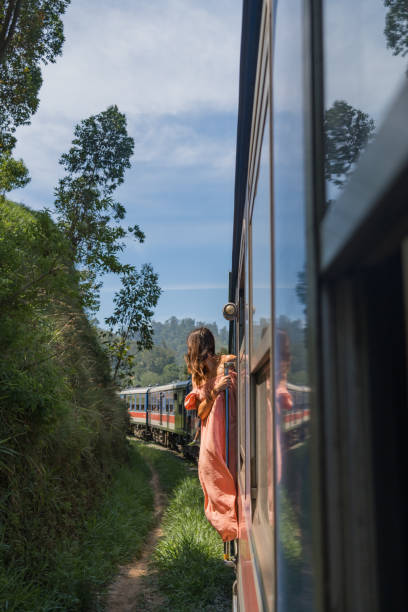 istock Young woman travels on train through rainforest 2091506134