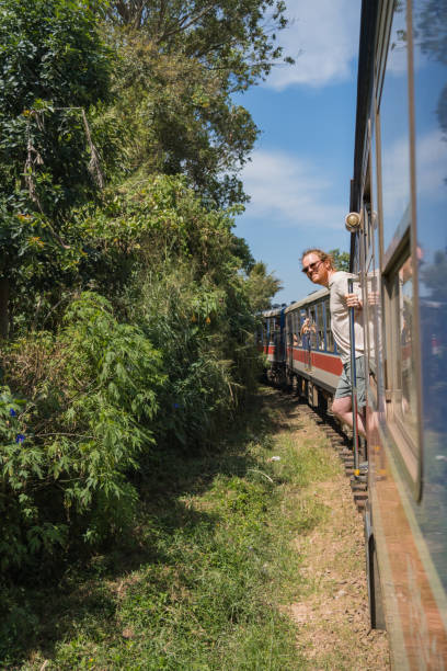 istock Young man travels on train through rainforest 2091507221