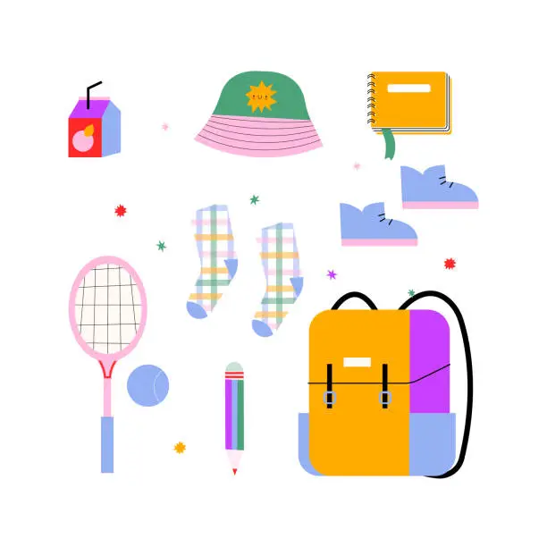 Vector illustration of Teenage things isolated. Panama hat, backpack, tape recorder, skateboard, badminton and more.