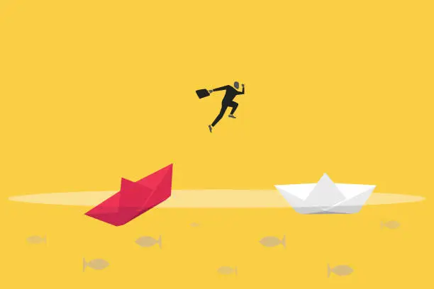 Vector illustration of Businessman jumping sunken paper boat ship. Concept of Job opportunity and career, under pressure, risk, financial, and tax copy