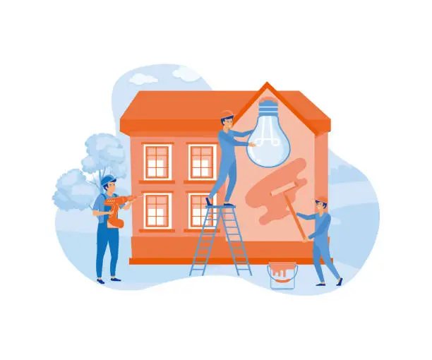 Vector illustration of Home renovation workers. Painting, electric, finishing works, builders doing apartment repair, professional decorating service. flat vector modern illustration