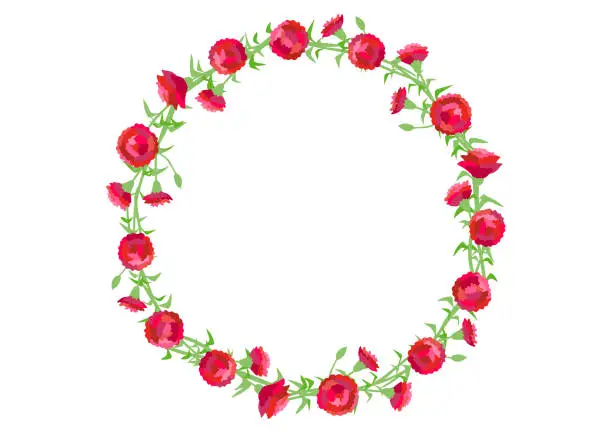 Vector illustration of Red carnation flower circular frame design. Vector illustration.