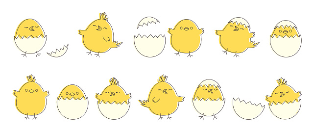 Cartoon Easter chick, cute chicken egg icon, funny doodle little bird, yellow spring baby collection isolated on white background. Animal holiday character vector illustration