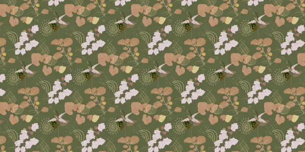 Vector illustration of Beach cheerful seamless pattern wallpaper of tropical dark green leaves of palm trees and flowers bird of paradise (strelitzia) plumeria on a light yellow background