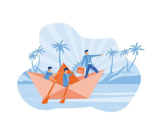 Vector illustration of Leadership Concept. Businessman leader with binoculars lead business team sailing origami ship. flat vector modern illustration