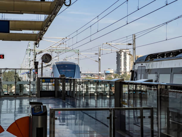 New Delhi, India - March 09 2024: A train on the Delhi–Meerut Regional Rapid Transit System or RRTS.  This rail system will connect the National Capital Region cities of Delhi, Ghaziabad and Meerut.
