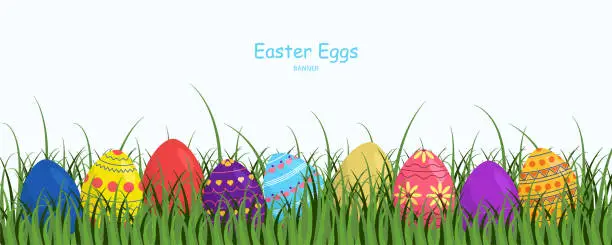 Vector illustration of Set of Vector Easter Eggs in a Grass
