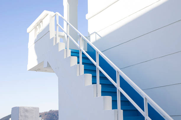 Modern blue stair up to the restaurant