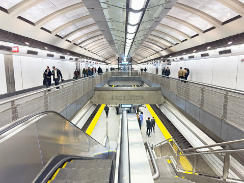 New York City, NY, USA - March 10 2024: Wide angle view of a modern subway station in New York City
