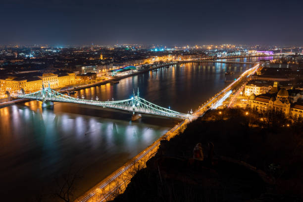 Budapest, Hungary - February 7, 2024: Landscape view of night Budapest from Citadella observation deck.