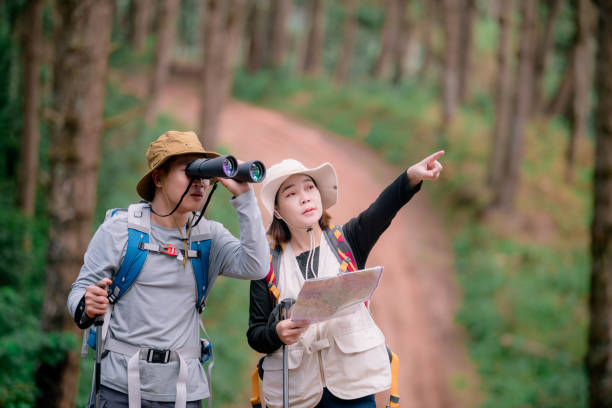 istock Hiking Couple backpacker in the pine forest. 2091713473
