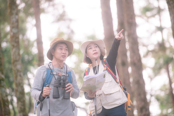 istock Hiking Couple backpacker in the pine forest. 2091714587