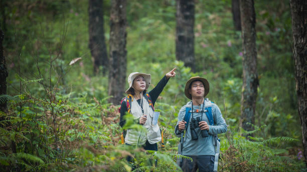 istock Attractive young couple hiking in the forest using binoculars. 2091716778