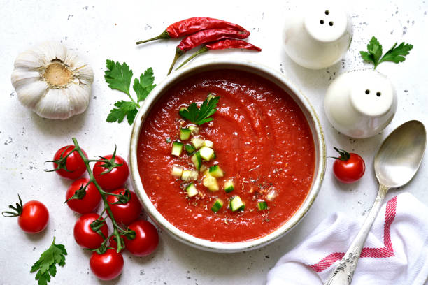 istock Gazpacho - traditional spanish cold  soup with cucumber and garlic. Top view with copy space. 2091717241