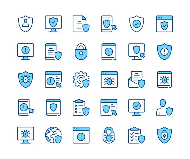 Vector illustration of Antivirus icons set. Vector line icons. Blue color outline stroke symbols. Modern concepts