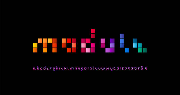 Mosaic font, pixeled alphabet, trendy letters and numbers made tile style Mosaic font, pixeled alphabet, trendy letters and numbers made tile style, bright vector illustration 10eps minecraft floor patterns stock illustrations