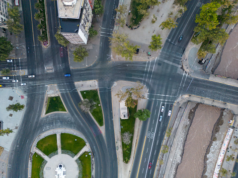 Top view of an intersection in Santiago in the morning during summer in Chile