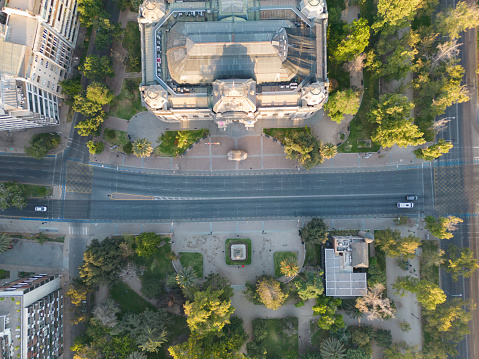 top view of jose miguel de la barra road with chilean national museum of fine arts in santiago in chile