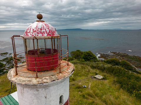 Close-up shot of the San Isidro Lighthouse at the end of Road 9 near Punta Arenas in Patagonia, Chile