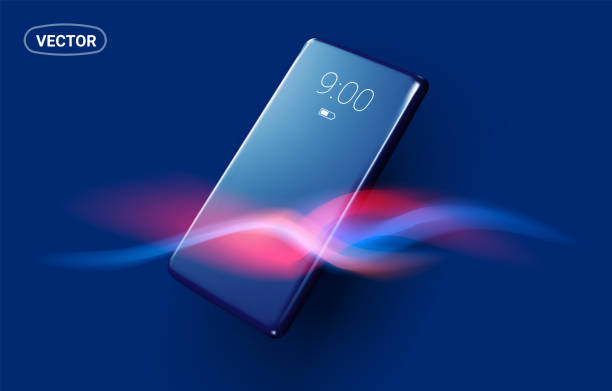istock Vector illustration of realistic phone with dark color screen with color flame wave and line on blue background. 3d style design of smart phone 2091728988