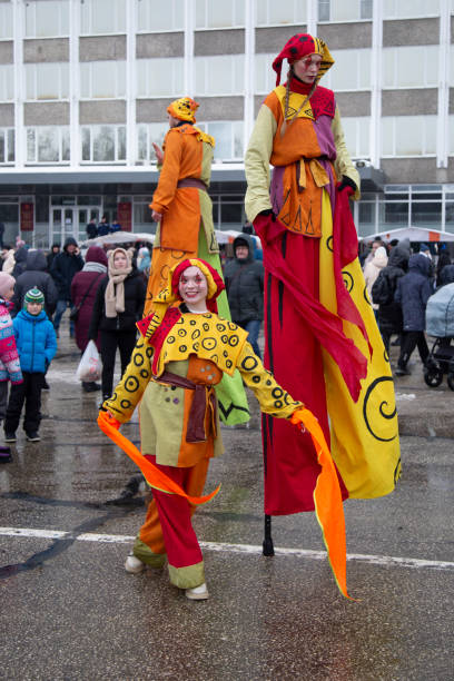 Syktyvkar, Komi Republic, Russia, March 16, 2024, Artists entertain people on Maslenitsa.Russia. Traditions.