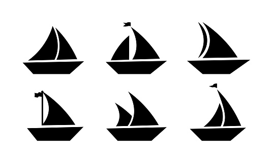Set of sail boat vector icons. Black silhouette with sailboat. Nautical yacht or sailboat.
