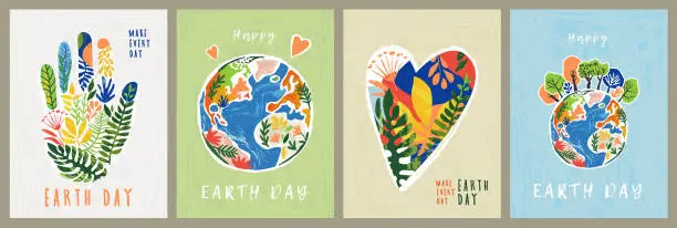 Vector illustration of Happy Earth Day. Ecological poster, card, cover or web banner on the theme of caring for nature and planet Earth. Save the planet. Make every day Earth day. Modern art style design trendy templates.