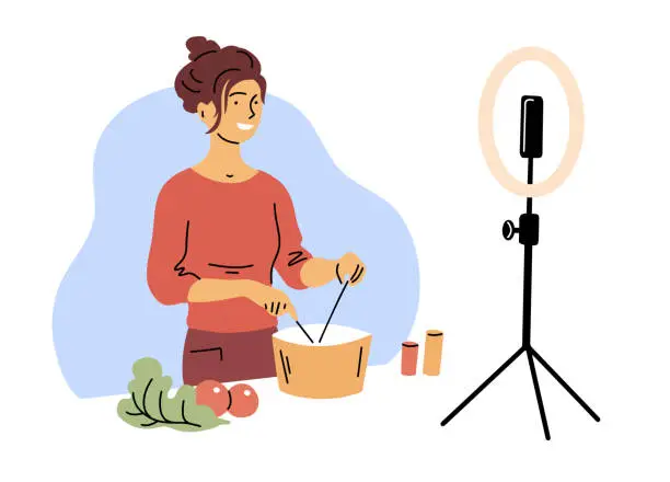 Vector illustration of A woman blogger prepares a dish live