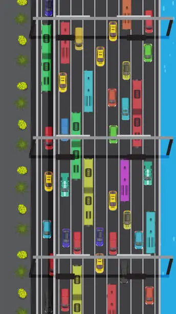 Vector illustration of top view of Traffic Jam car vehicle on multiple lane highway, view from above
