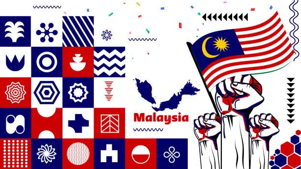 Vector illustration of Malaysia National day or Hari Merdeka banner with retro abstract geometric shapes. Malaysian flag and map. Red blue scheme with raised hands or fists. Kuala Lumpur landmarks. Vector Illustration.