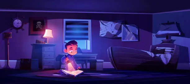 Vector illustration of Little boy in bedroom at night reading book