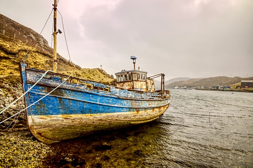 Abandoned wreck of an old fishing boat Miavaig on the Isle of Lewis in the outer Hebrides Scotland.