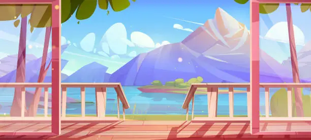 Vector illustration of Mountain lake view from wooden terrace