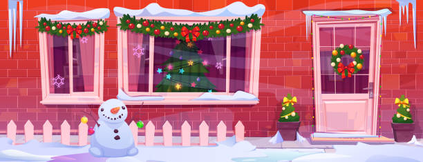 House facade decorated for Christmas House facade decorated for Christmas. Vector cartoon illustration of X-mas tree in cozy room window, wreath and garland on door, snowman in snowy garden, icicles on roof, holiday mood in neighborhood icicle cartoon stock illustrations