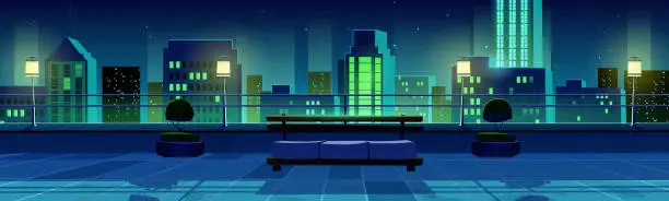 Vector illustration of Night city view from rooftop terrace