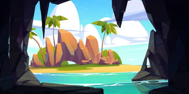 Vector illustration of Tropical island seen from dark cave