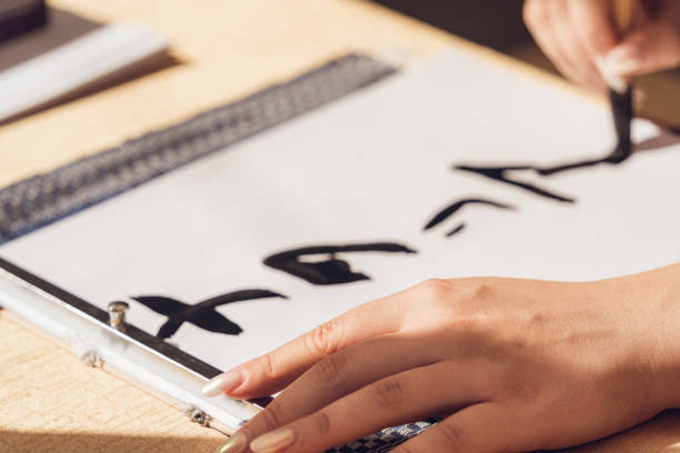Cropped image hand of asian Chinese male practising Chinese calligraphy for Chinese new year celebration home decoration purpose with prosperity and good wording on a red piece of paper.